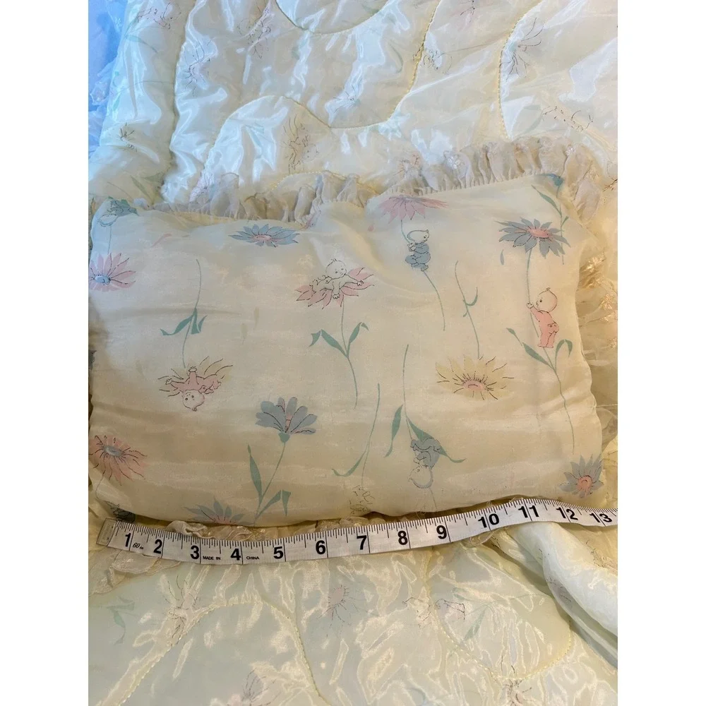 Vintage Yellow Floral Cherub Baby Comforter and Pillow Set Ruffle Lace Trim